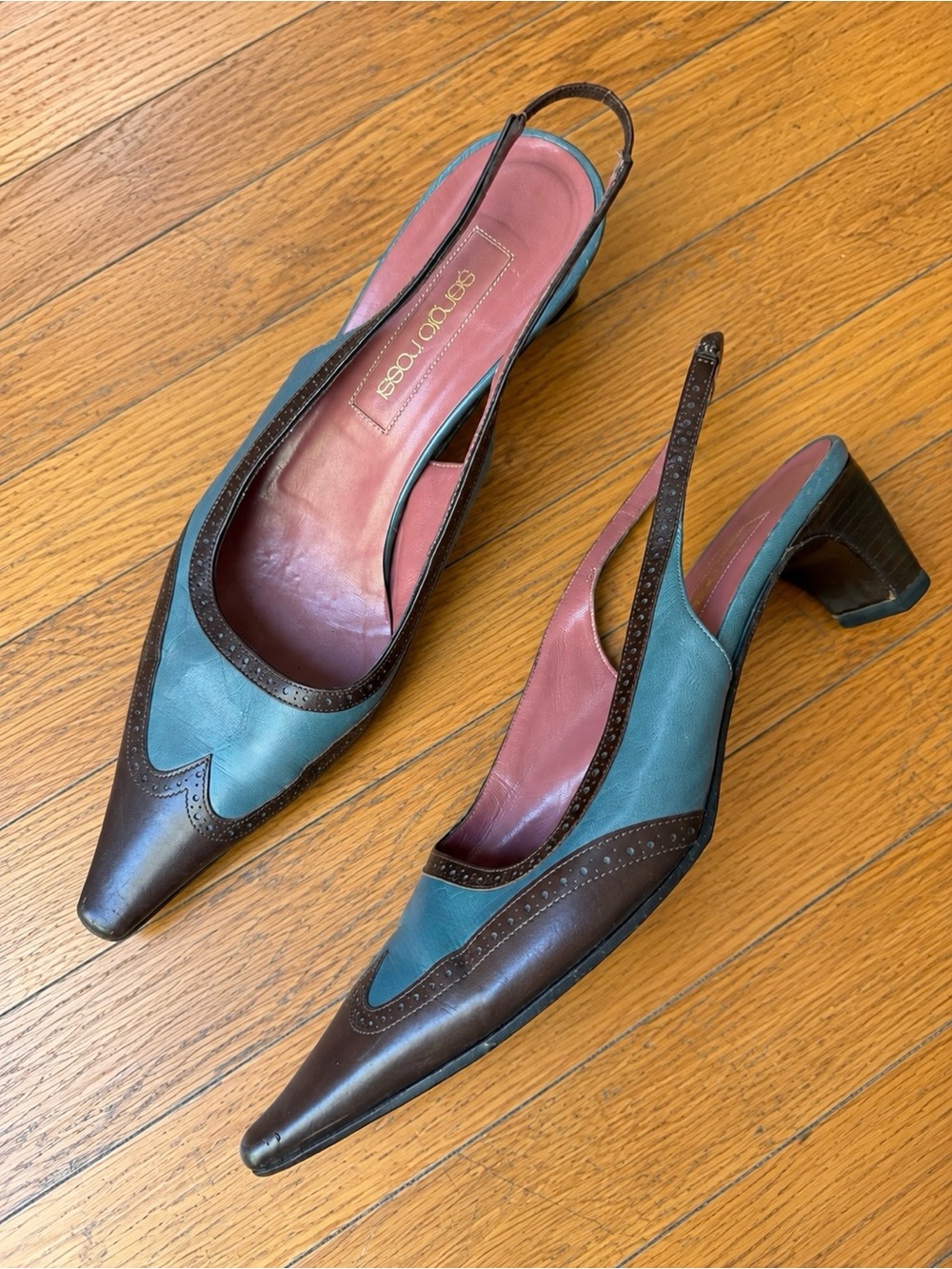 Sergio Rossi Teal and Brown Pointed Slingback Heels